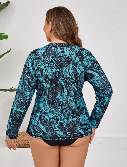 Vacation Glow Plus Size Long Sleeve Rash Guard Shirts with Built in Bra