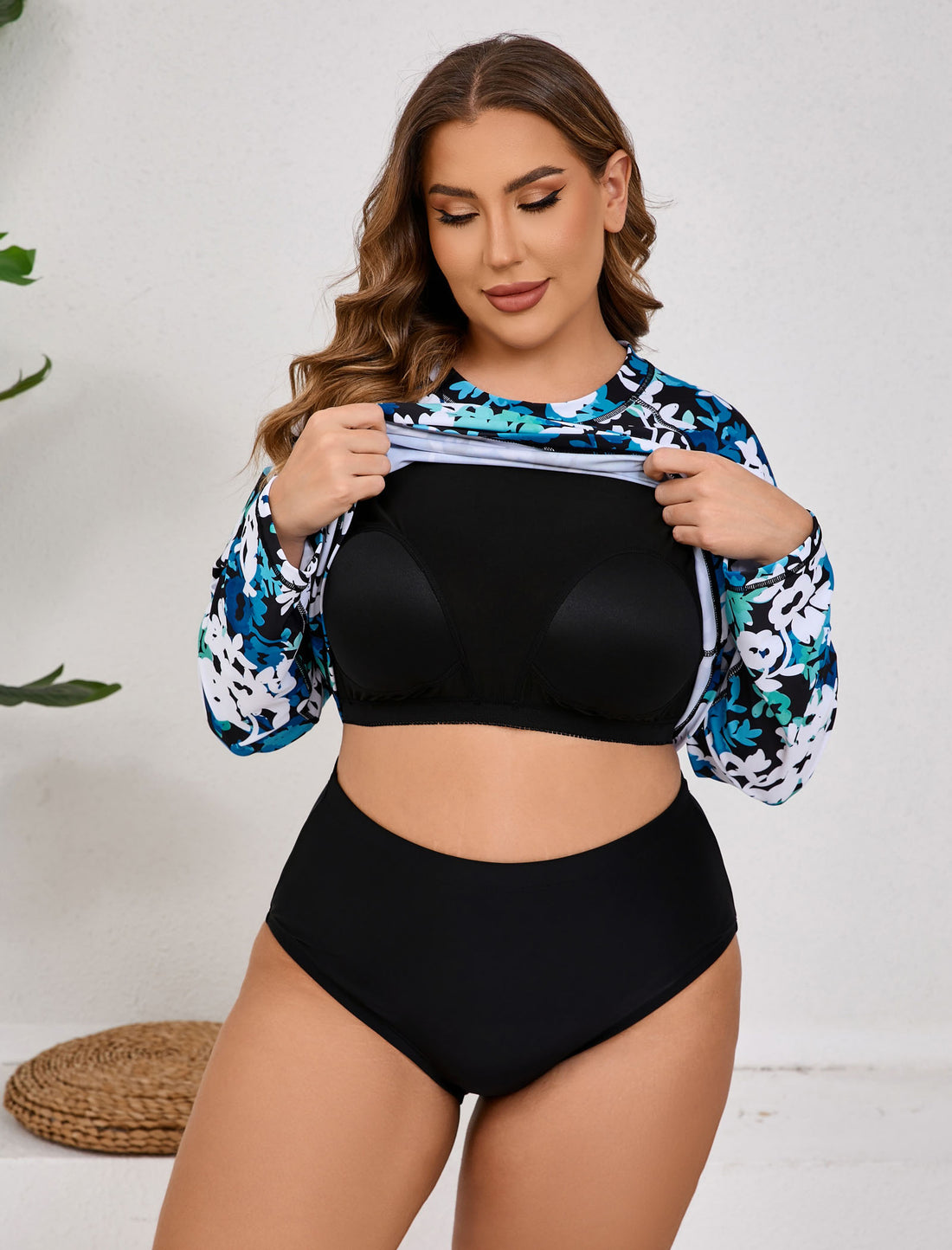 Vacation Glow Plus Size Long Sleeve Rash Guard Shirts with Built in Bra