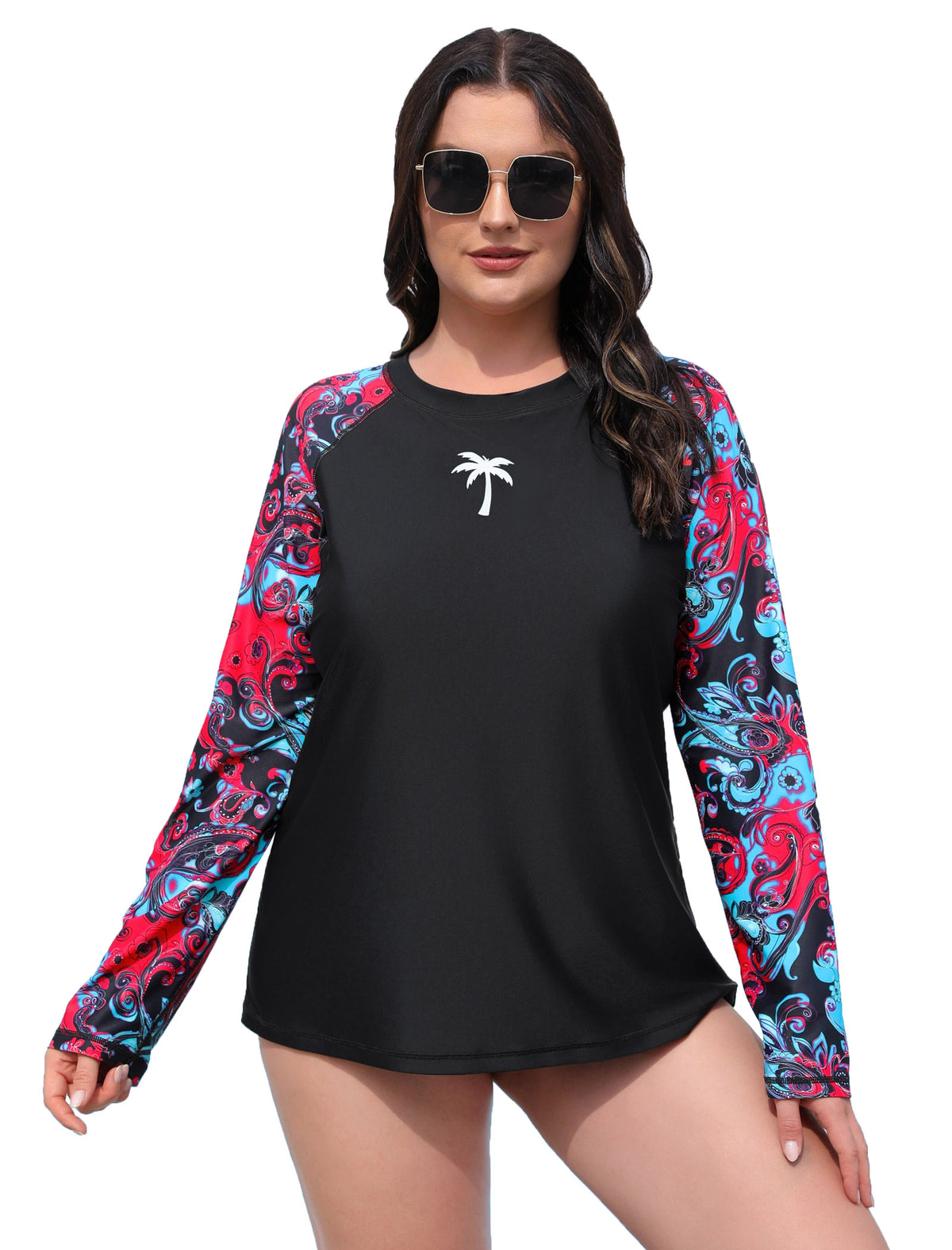 Vacation Glow Plus Size Long Sleeve Rash Guard Shirts with Built in Bra