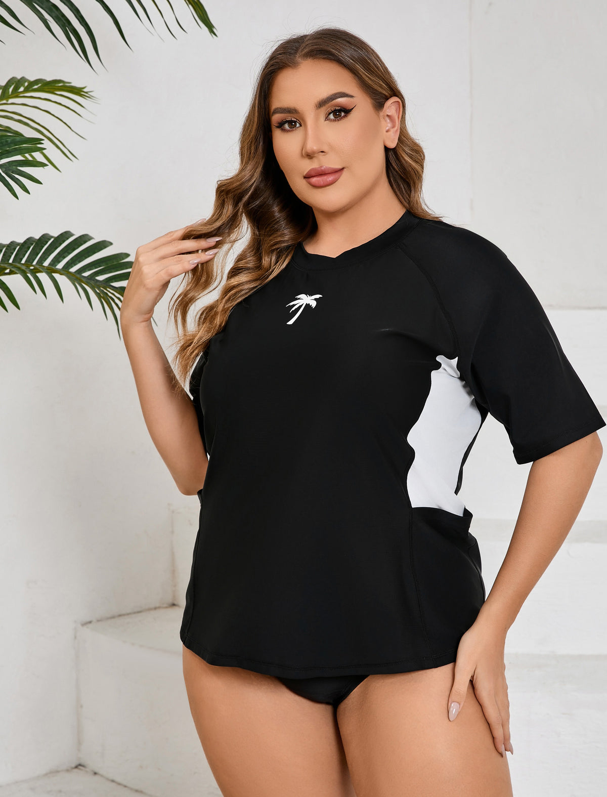 Tropic Glow Plus Size Long Sleeve Rash Guard Shirts Pocket with Built in Bra