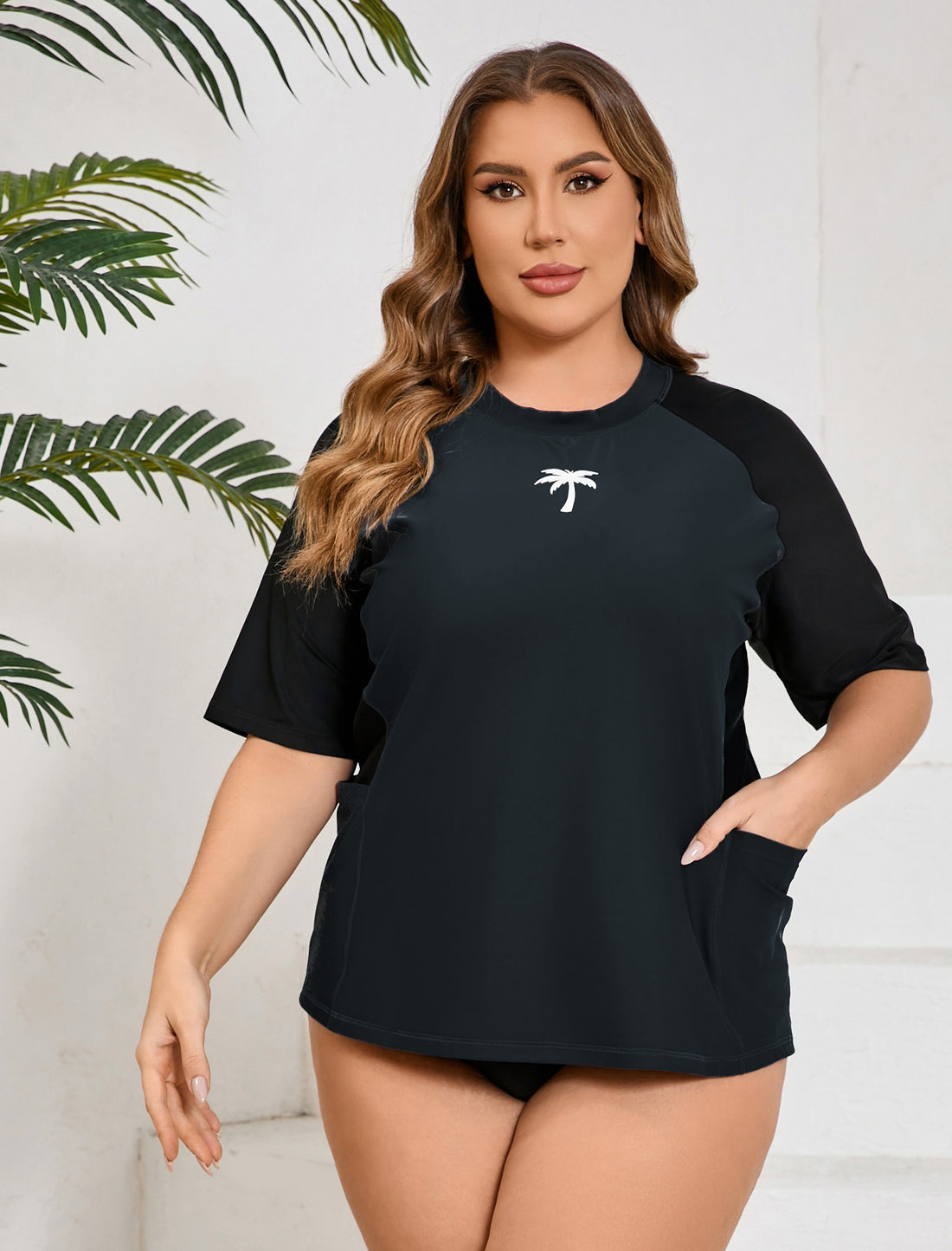 Tropic Glow Plus Size Long Sleeve Rash Guard Shirts Pocket with Built in Bra