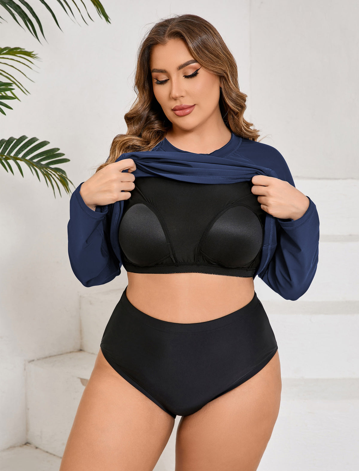 Island Breeze Plus Size Rash Guard Top Built in Bra with Pockets
