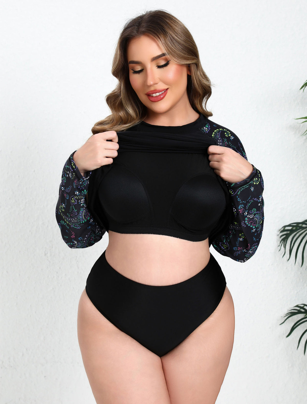 Island Breeze Plus Size Rash Guard Top Built in Bra with Pockets