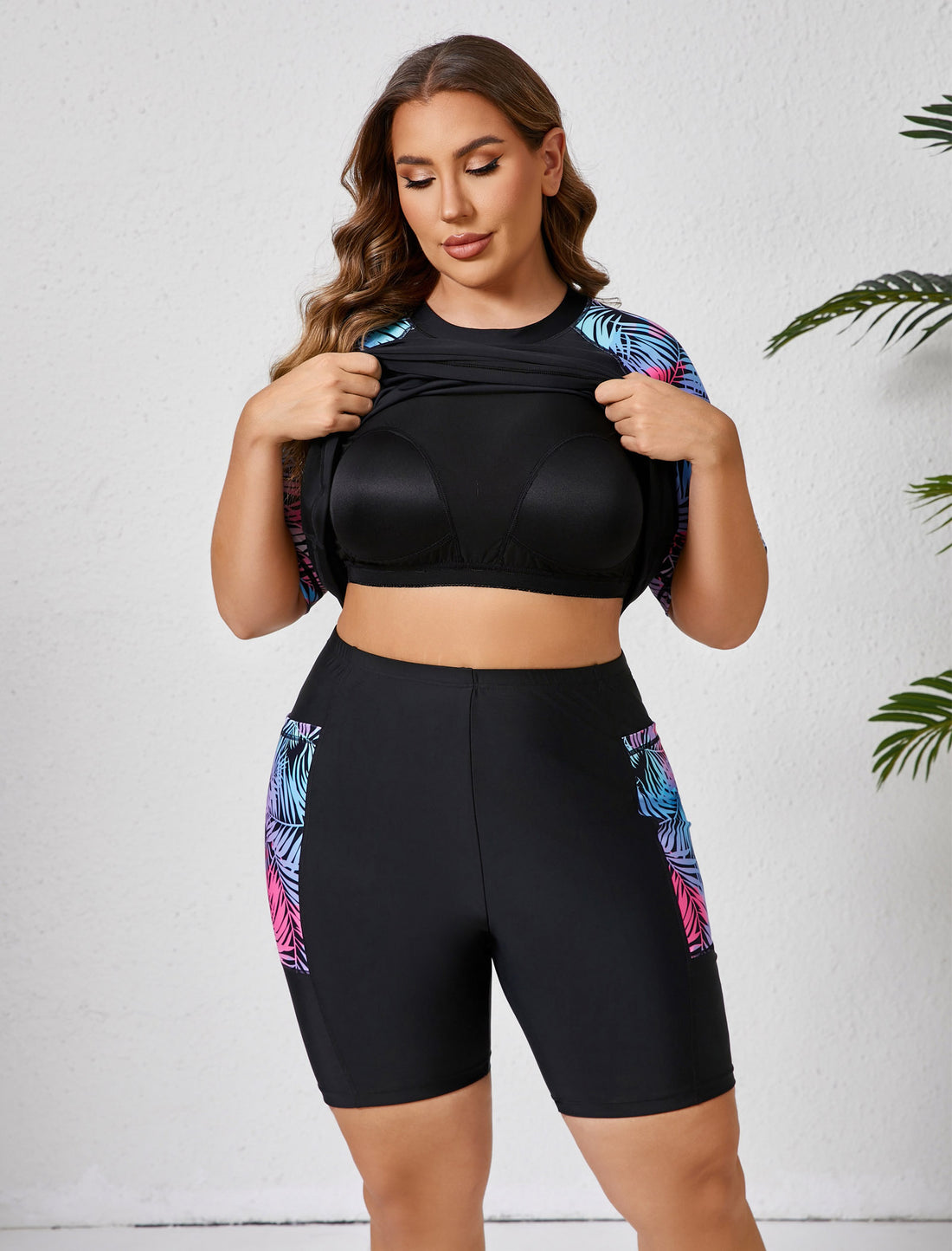 Morning Mist Plus Size Two Piece Rash Guard Sets with Built in Bra and Side Pockets