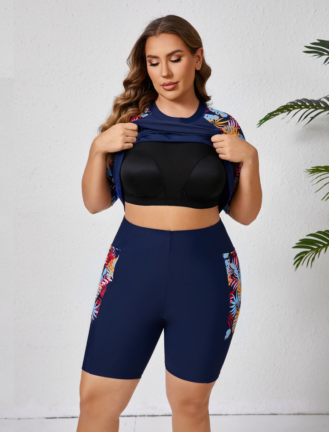 Morning Mist Plus Size Two Piece Rash Guard Sets with Built in Bra and Side Pockets