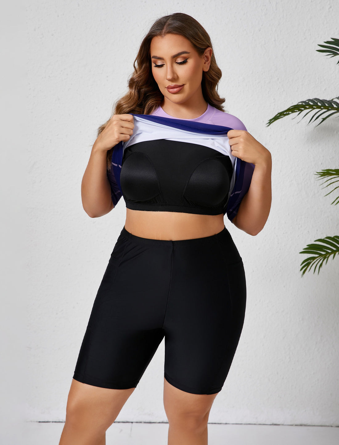 Morning Mist Plus Size Two Piece Rash Guard Sets with Built in Bra and Side Pockets