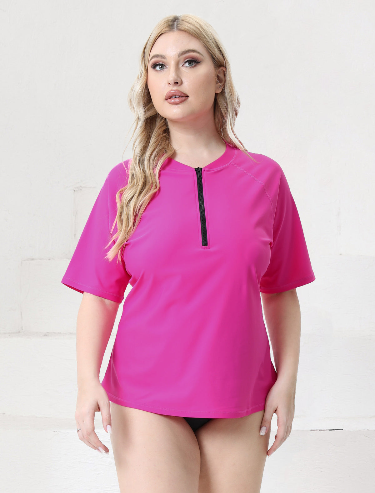 Halcurt Damen Plus Size Half Zip Kurzarm-Rashguard-Badeoberteil