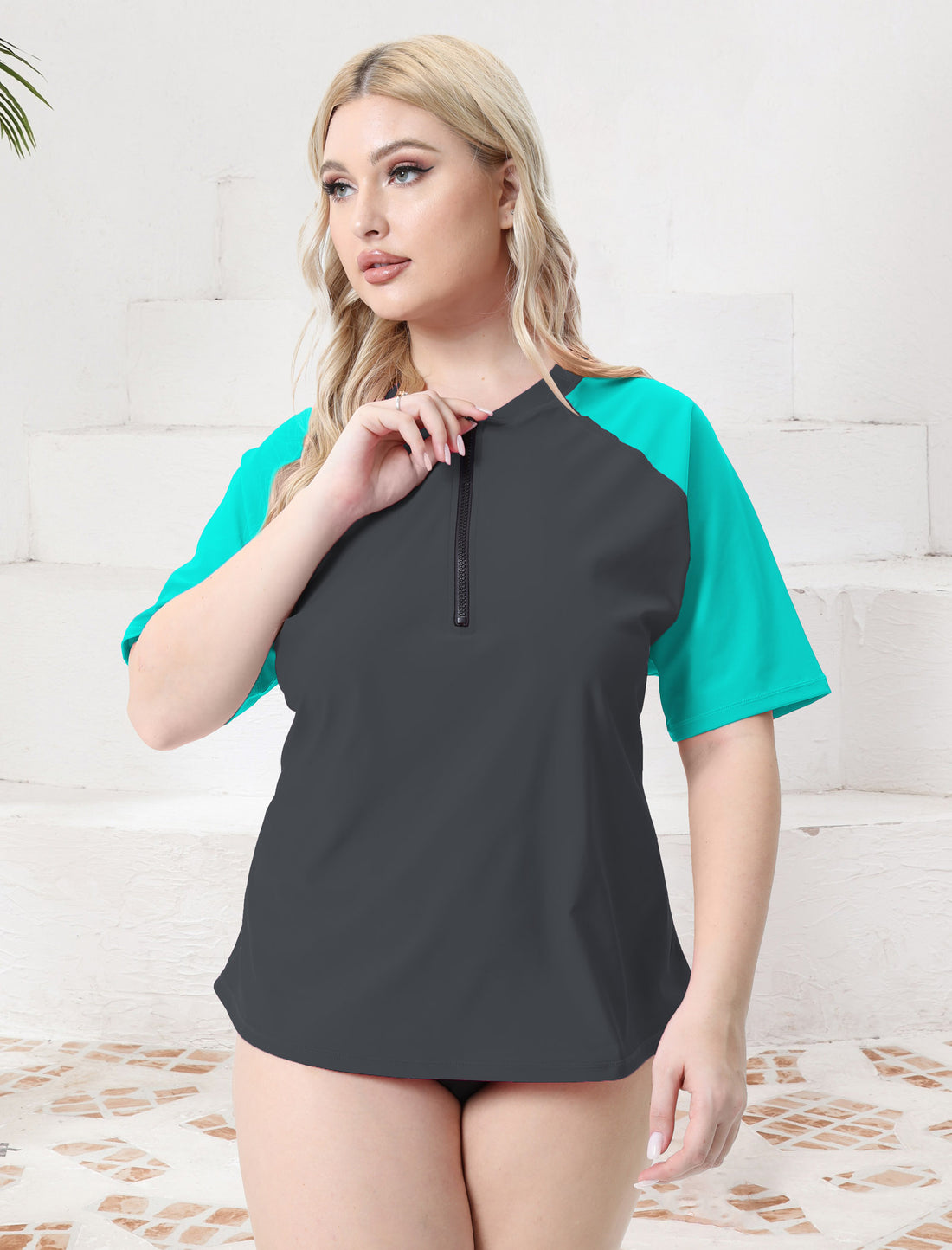 Sky Wave Plus Size Half Zip Short Sleeve Rash Guard Top