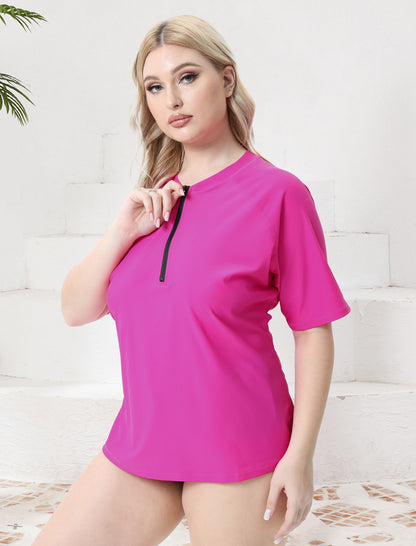 Halcurt Damen Plus Size Half Zip Kurzarm-Rashguard-Badeoberteil