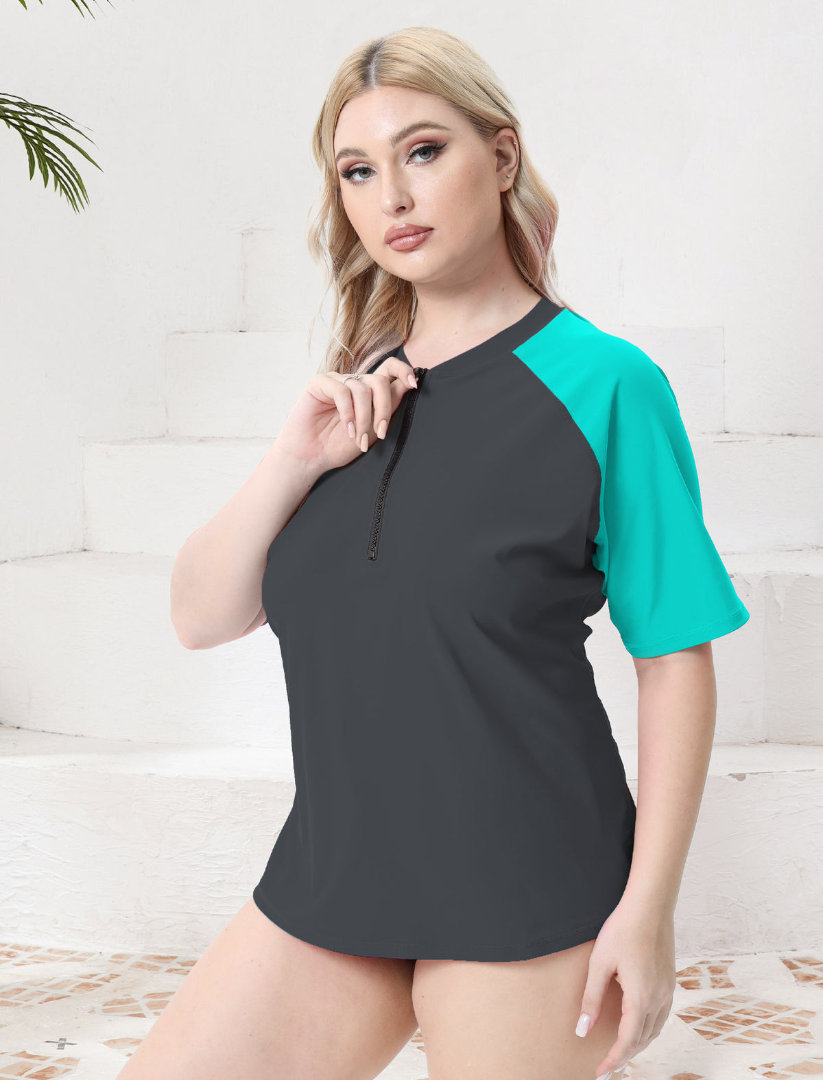 Sky Wave Plus Size Half Zip Short Sleeve Rash Guard Top