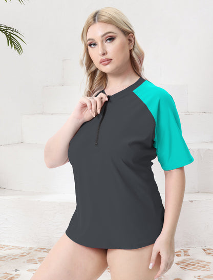 Sky Wave Plus Size Half Zip Short Sleeve Rash Guard Top