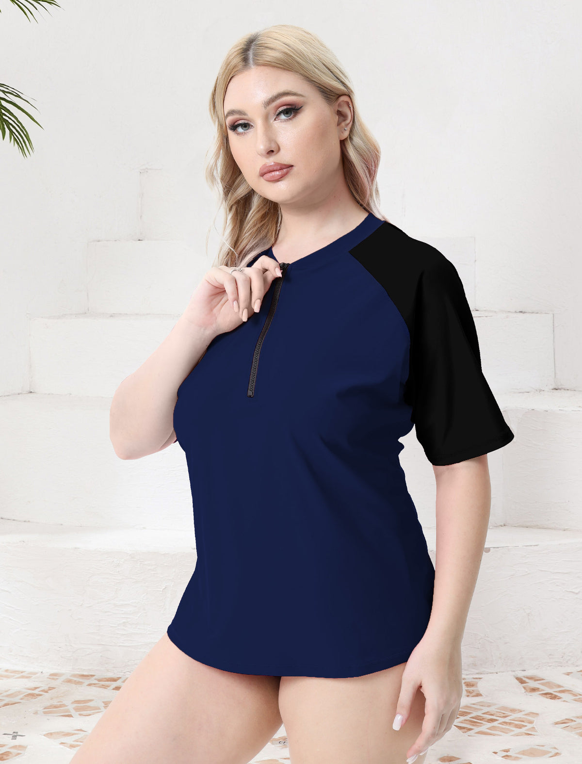 Haut de maillot de bain anti-UV à manches courtes et demi-zip pour femme grande taille Halcurt