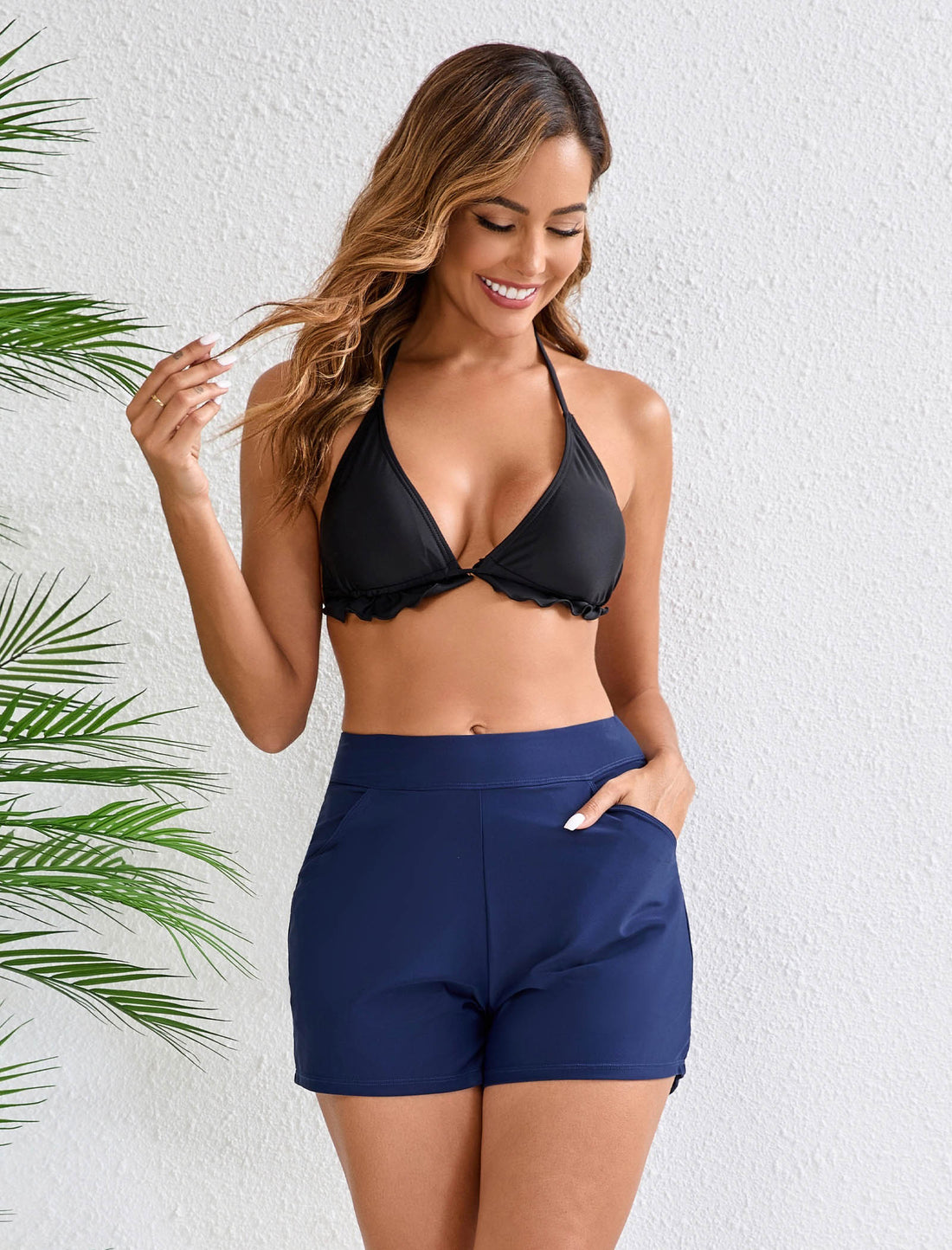 Salt Mist High Waisted Swim Board Shorts with Pockets and Liner