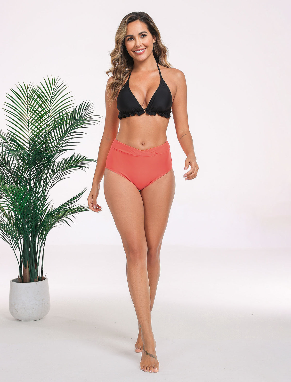 Bas de bikini taille haute croisé pour femme Halcurt, maillot de bain couvrant