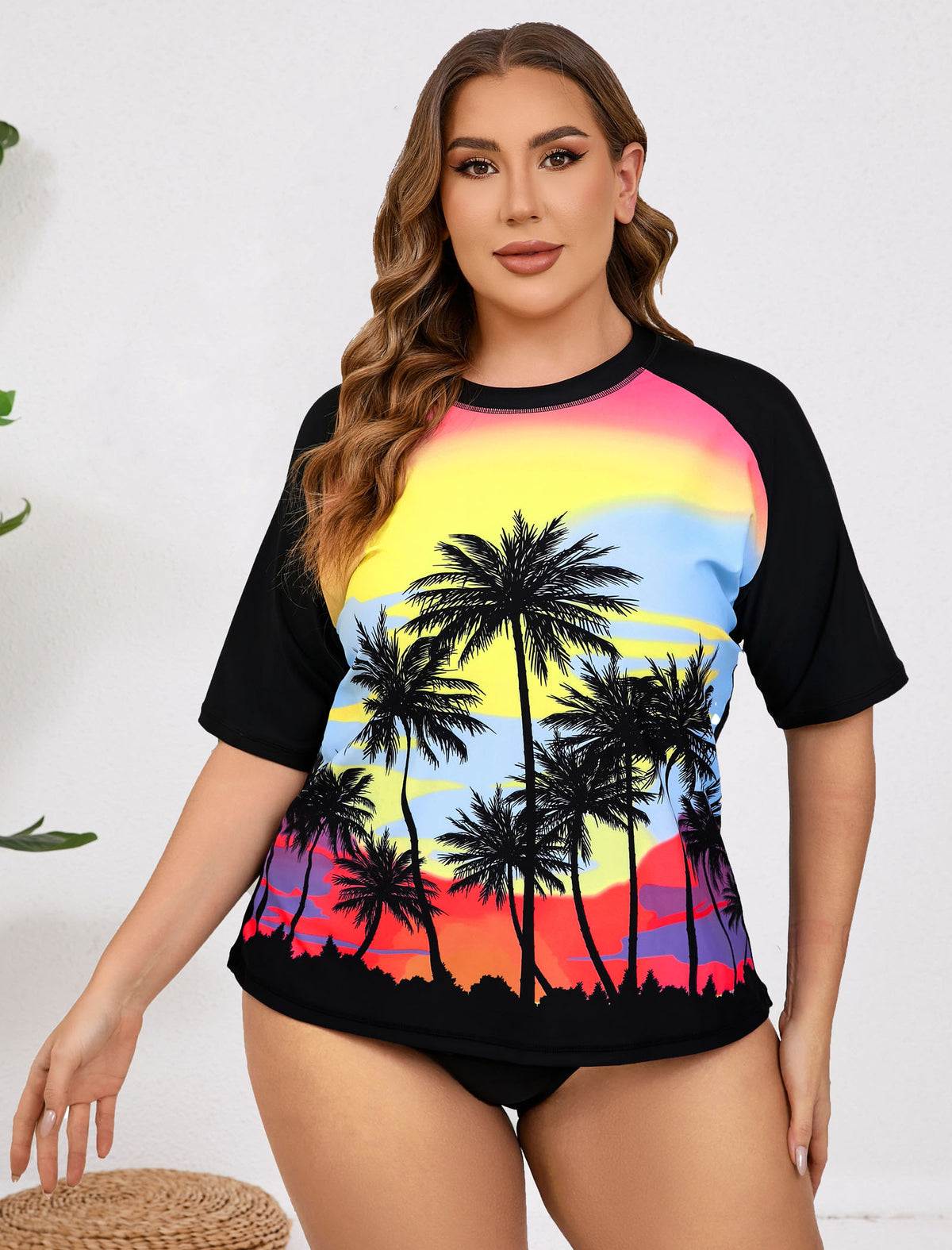 Haut de maillot de bain anti-UV à manches courtes pour femme grande taille Halcurt