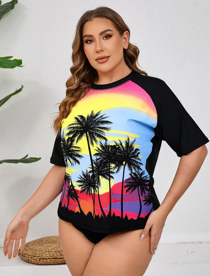 Haut de maillot de bain anti-UV à manches courtes pour femme grande taille Halcurt