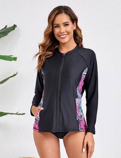 Haut de maillot de bain anti-UV à manches longues et fermeture éclair intégrale pour femme Halcurt