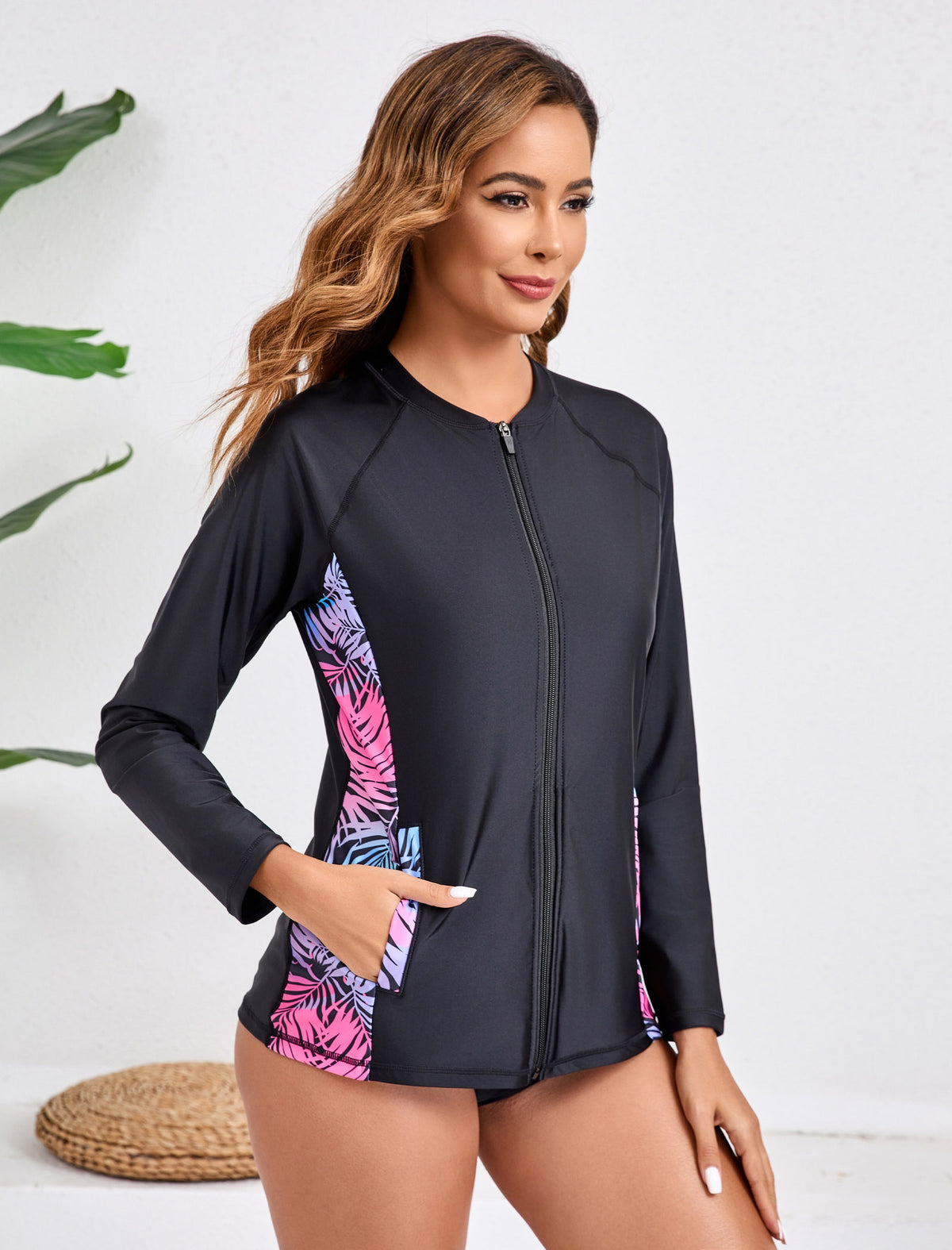 Haut de maillot de bain anti-UV à manches longues et fermeture éclair intégrale pour femme Halcurt