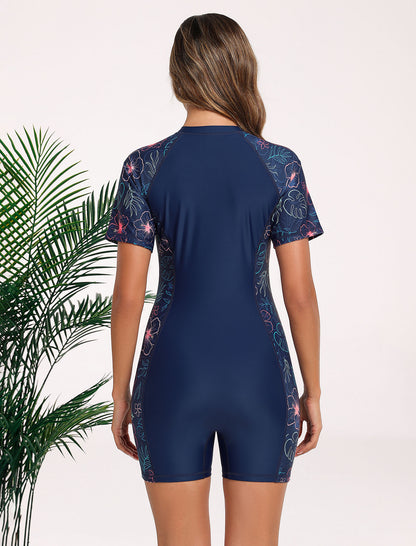 Beach Haven Zip Front One Piece Rash Guard Swimsuit with Built in Bra