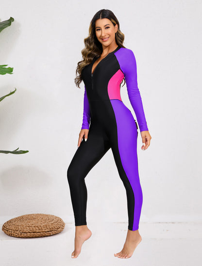 Adventure Base Layer Zip Front Long Sleeve One Piece Rash Guard Swimsuit with Built in Bra