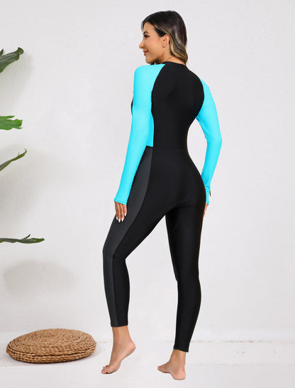 Adventure Base Layer Zip Front Long Sleeve One Piece Rash Guard Swimsuit with Built in Bra