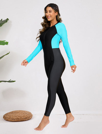 Adventure Base Layer Zip Front Long Sleeve One Piece Rash Guard Swimsuit with Built in Bra