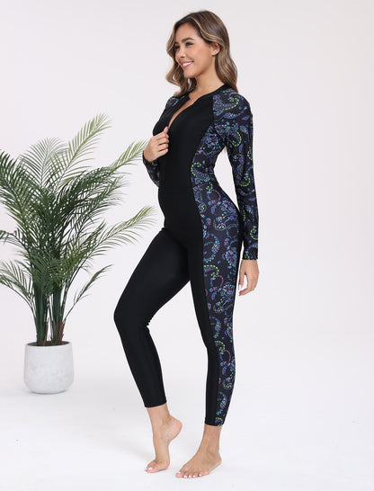 Adventure Base Layer Zip Front Long Sleeve One Piece Rash Guard Swimsuit with Built in Bra