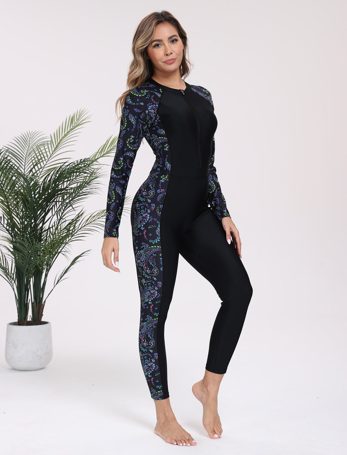 Adventure Base Layer Zip Front Long Sleeve One Piece Rash Guard Swimsuit with Built in Bra