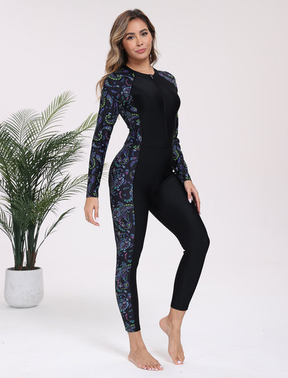 Adventure Base Layer Zip Front Long Sleeve One Piece Rash Guard Swimsuit with Built in Bra