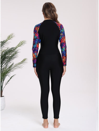 Adventure Base Layer Long Sleeve Zip Front One Piece Rash Guard Swimsuit with Built in Bra