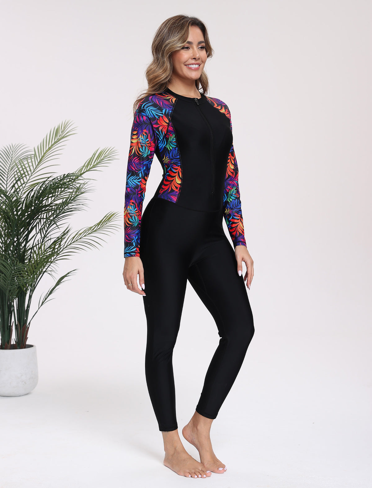 Adventure Base Layer Long Sleeve Zip Front One Piece Rash Guard Swimsuit with Built in Bra