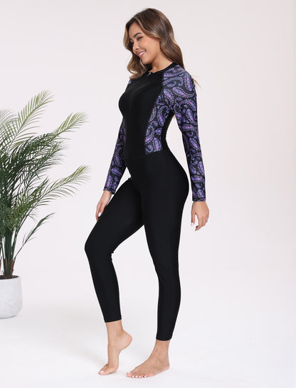 Adventure Base Layer Long Sleeve Zip Front One Piece Rash Guard Swimsuit with Built in Bra