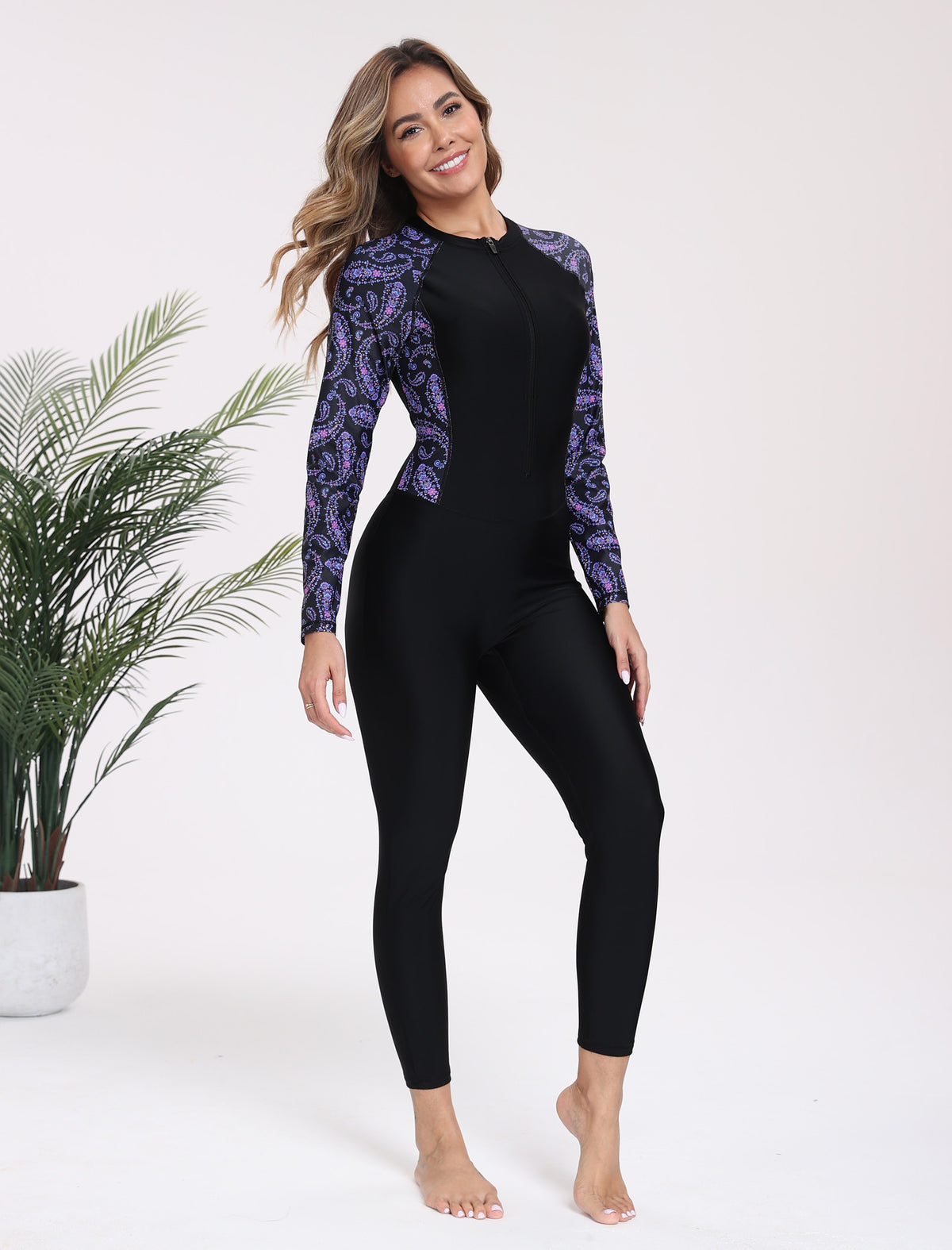 Adventure Base Layer Long Sleeve Zip Front One Piece Rash Guard Swimsuit with Built in Bra