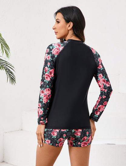 Long Days in the Sun Two Piece Long Sleeve Rash Guard Sets with Built in Bra