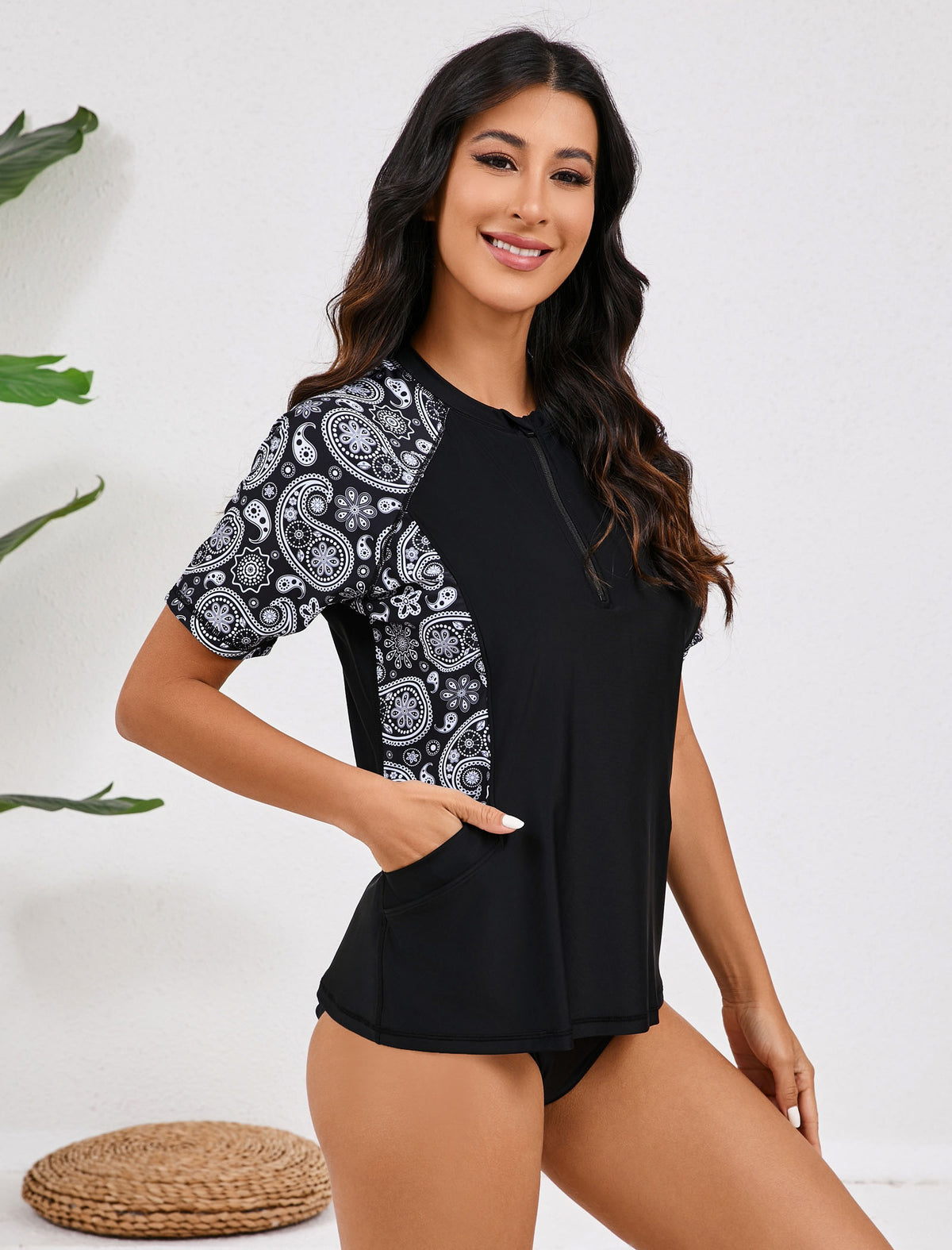 Haut de maillot de bain à manches courtes et demi-zip pour femme Halcurt