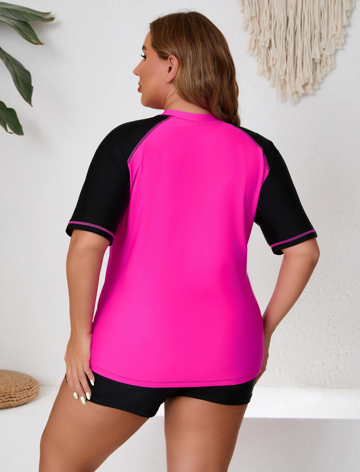 Endless Play Plus Size Short Sleeve Two Piece Rash Guard Sets with Built in Bra