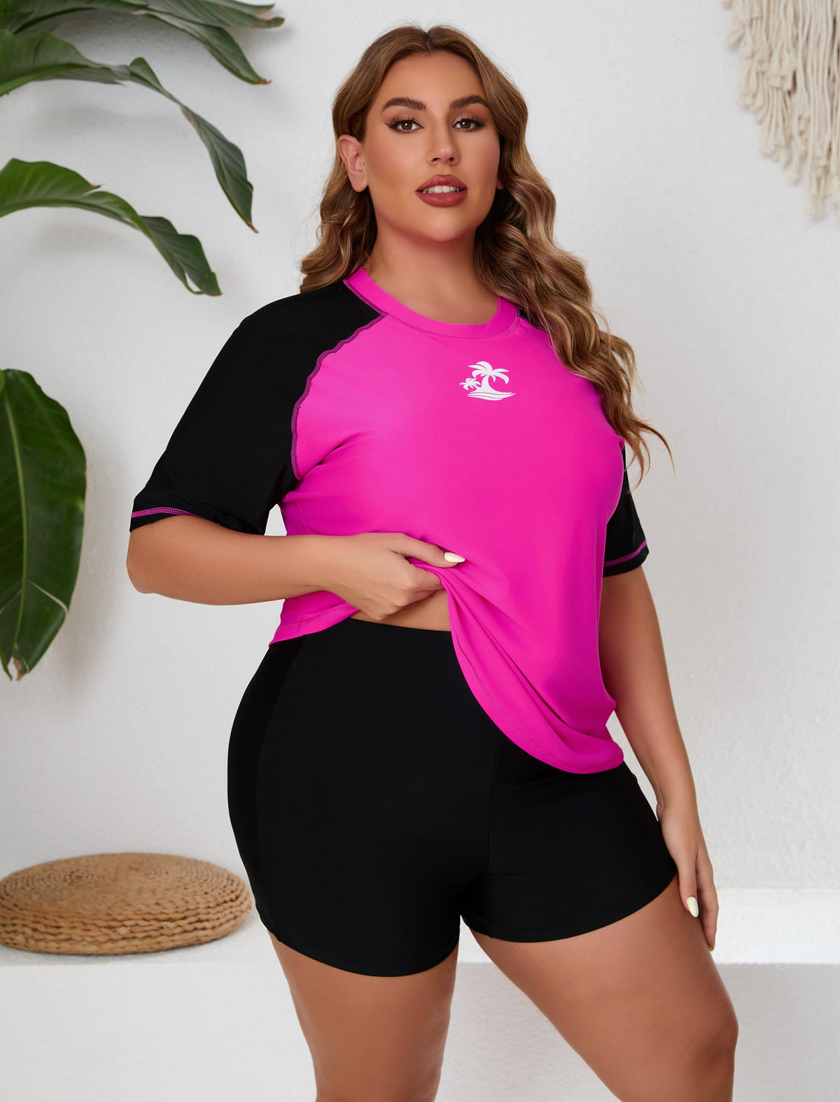 Endless Play Plus Size Short Sleeve Two Piece Rash Guard Sets with Built in Bra