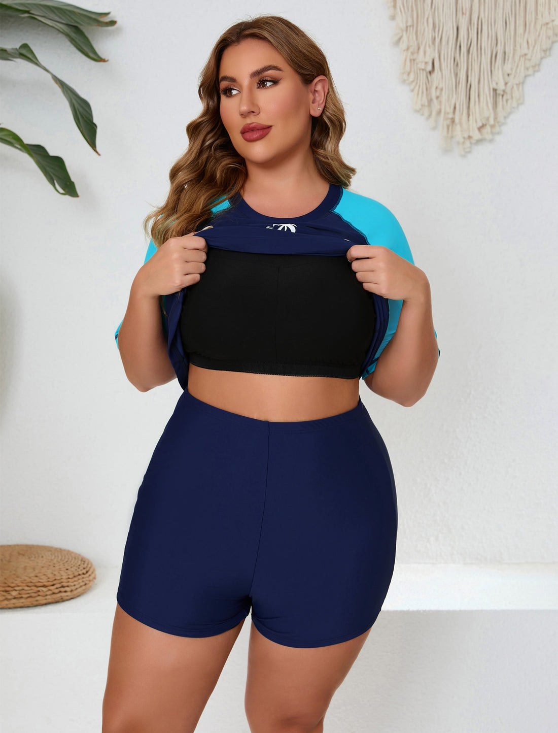 Endless Play Plus Size Short Sleeve Two Piece Rash Guard Sets with Built in Bra