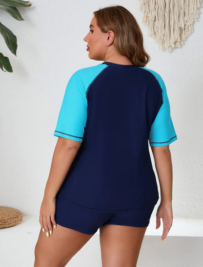 Endless Play Plus Size Short Sleeve Two Piece Rash Guard Sets with Built in Bra