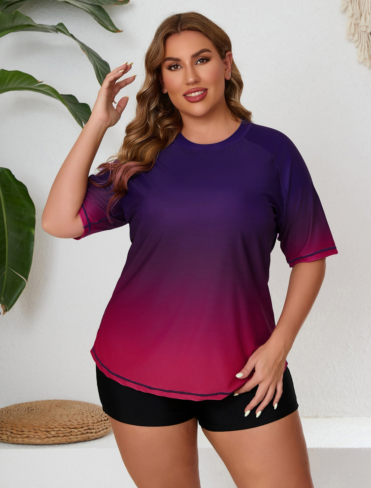 Endless Play Plus Size Short Sleeve Two Piece Rash Guard Sets with Built in Bra