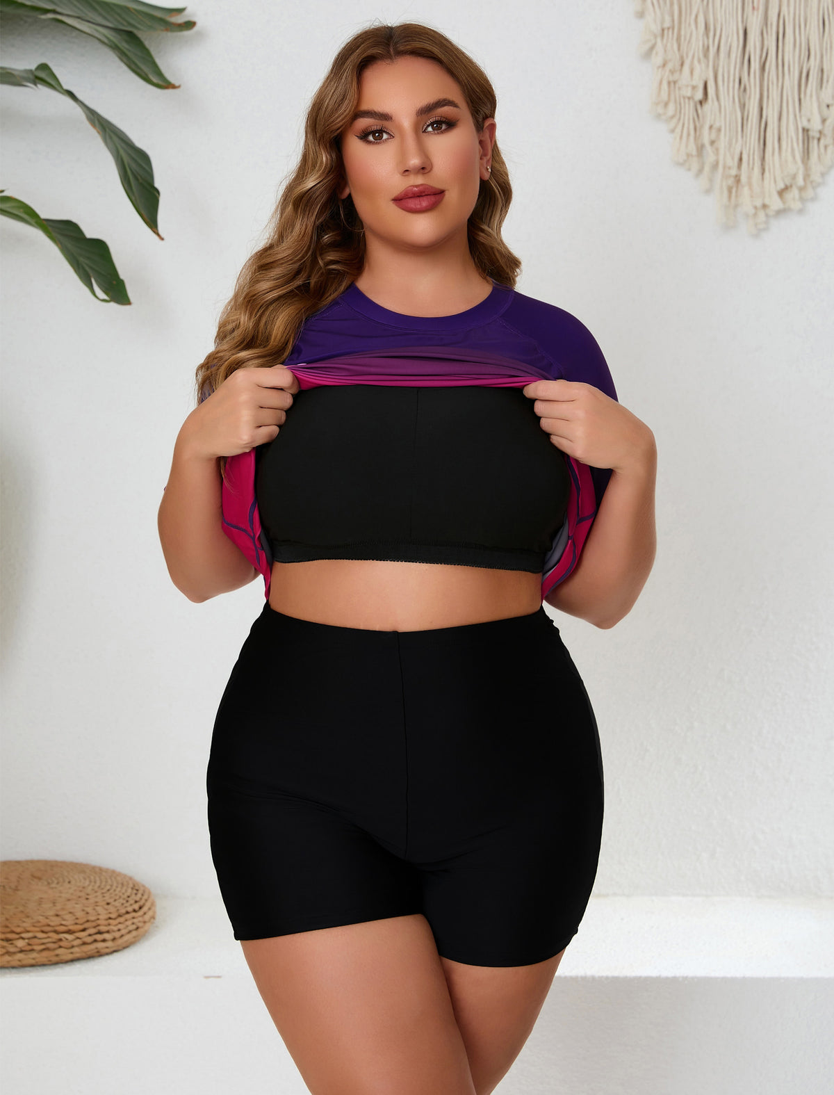 Endless Play Plus Size Short Sleeve Two Piece Rash Guard Sets with Built in Bra
