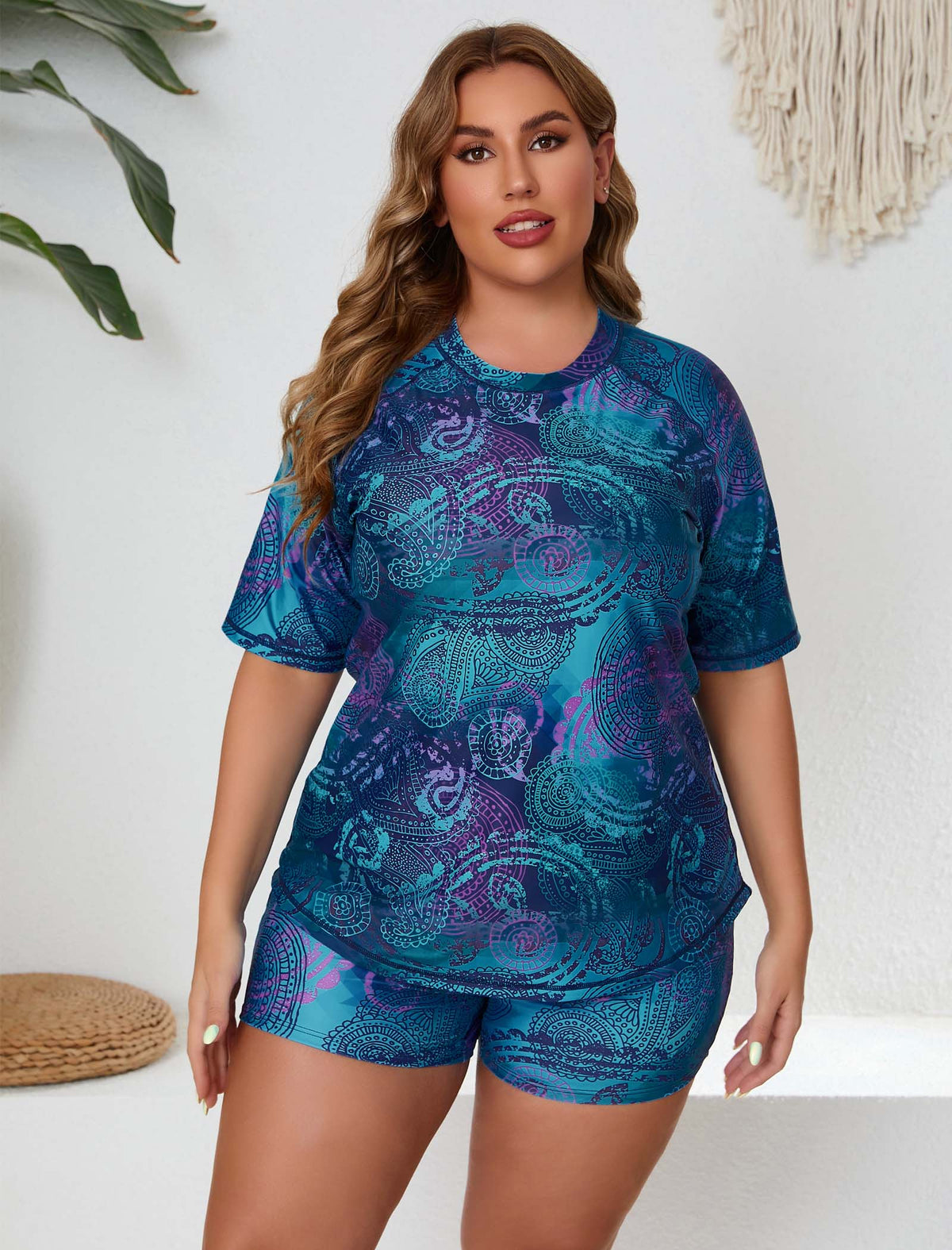 Endless Play Plus Size Short Sleeve Two Piece Rash Guard Sets with Built in Bra