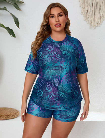 Endless Play Plus Size Short Sleeve Two Piece Rash Guard Sets with Built in Bra