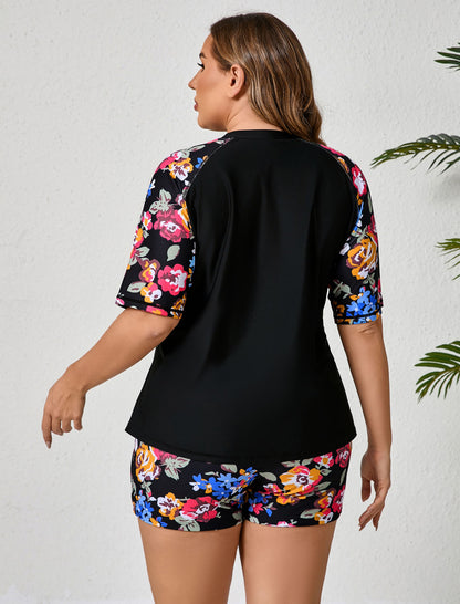 Endless Play Plus Size Short Sleeve Two Piece Rash Guard Sets with Built in Bra
