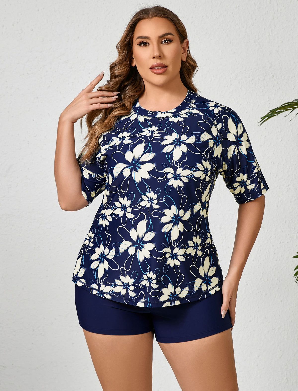 Endless Play Plus Size Short Sleeve Two Piece Rash Guard Sets with Built in Bra