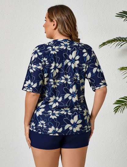 Endless Play Plus Size Short Sleeve Two Piece Rash Guard Sets with Built in Bra