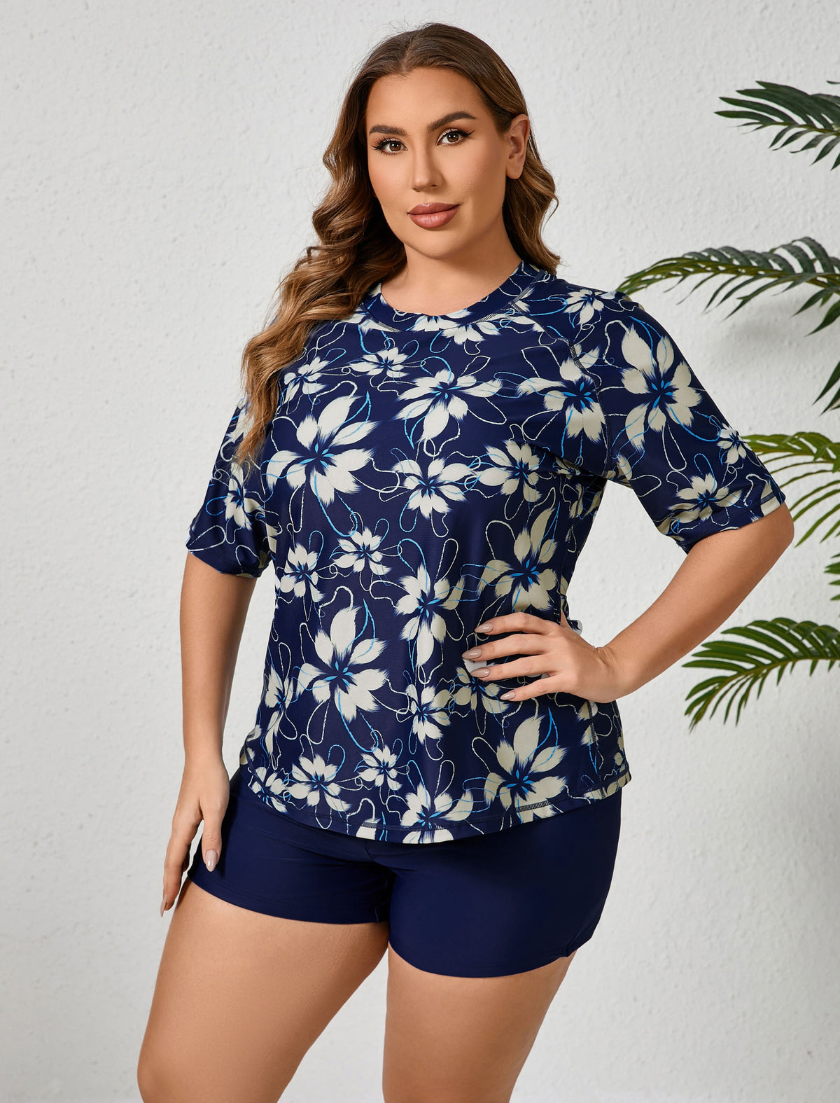 Endless Play Plus Size Short Sleeve Two Piece Rash Guard Sets with Built in Bra