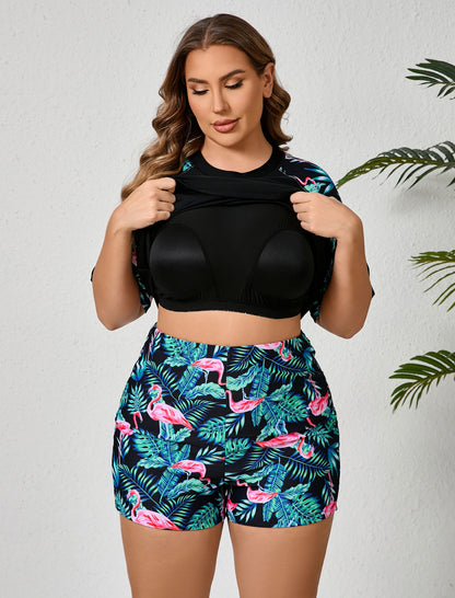 Endless Play Plus Size Short Sleeve Two Piece Rash Guard Sets with Built in Bra