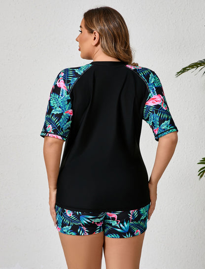 Endless Play Plus Size Short Sleeve Two Piece Rash Guard Sets with Built in Bra