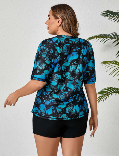 Endless Play Plus Size Short Sleeve Two Piece Rash Guard Sets with Built in Bra